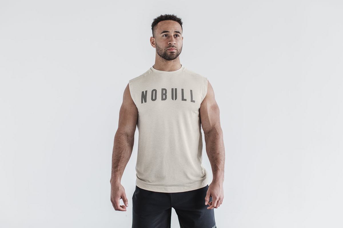 Nobull Sleeveless Men's T Shirts Beige | Australia (XF0983)